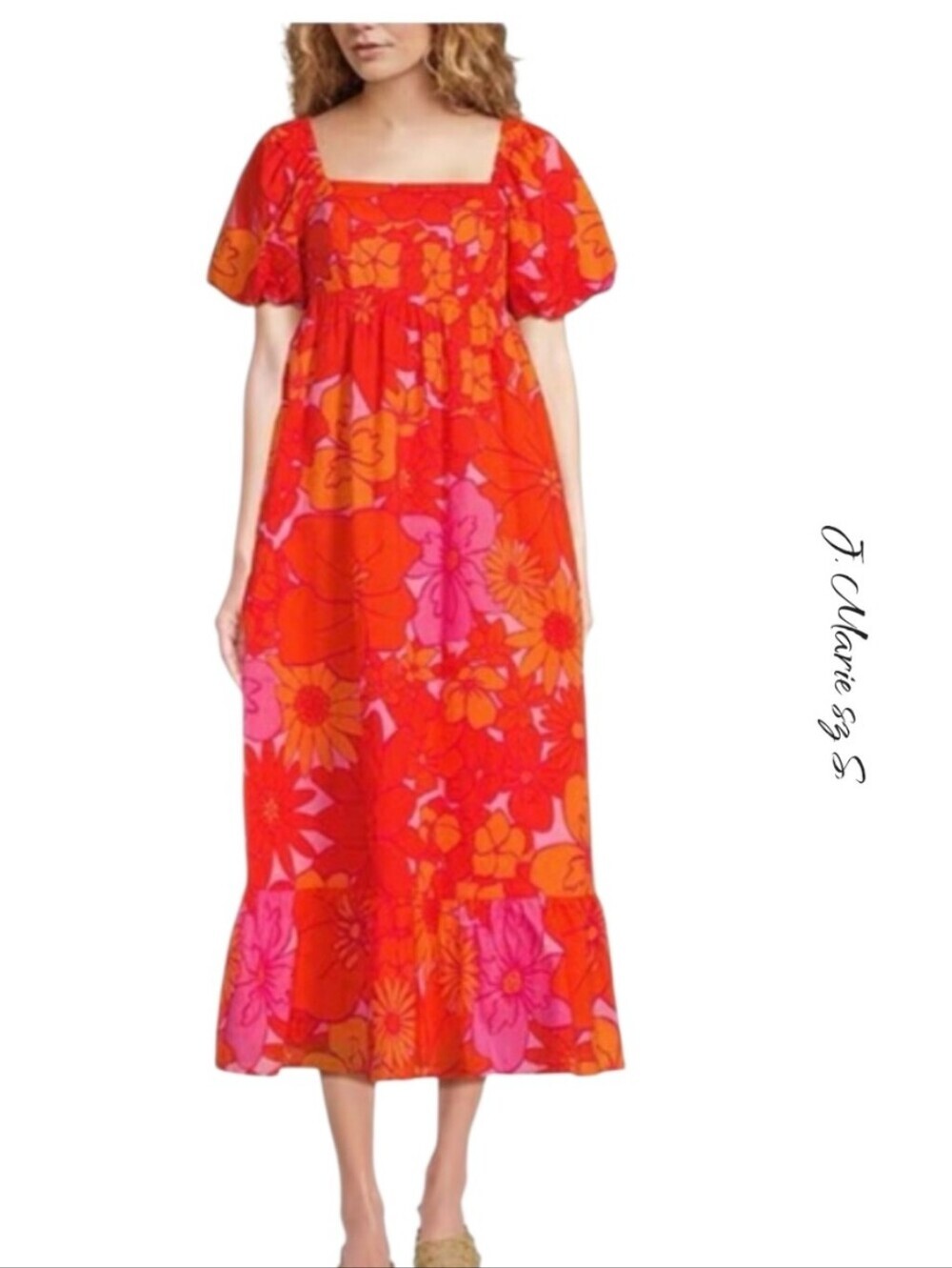 NWT J. Marie Lizzie Babydoll Midi Dress M Orange Pink Floral Puff Sleeve